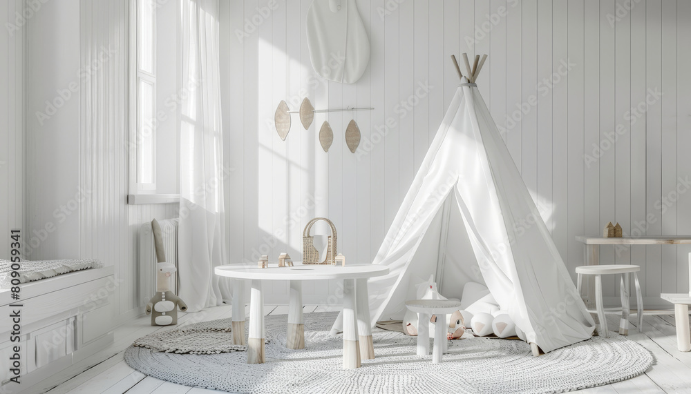 A white room with a white tent and a white table by AI generated image A white room with a white tent and a white table by AI generated image