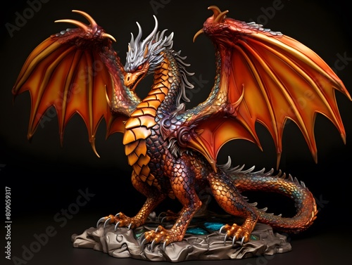 Dragon statue on a black background. 3d illustration. 3d rendering.