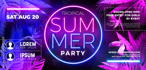 Summer Party Banner Design Template with Glowing Neon Light on Fluorescent Tropic Leaves Background. Vector Summer Celebration Holiday Illustration for Banner, Flyer, Invitation or Celebration Poster.