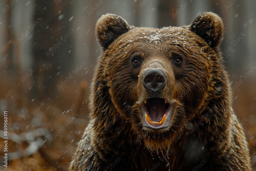 Stunning close-up photo capturing the ferocity and raw power of a wet brown bear with its mouth open as if roaring amid a snowfall in a dense forest Stunning close-up photo capturing the ferocity and raw power of a wet brown bear with its mouth open as if roaring amid a snowfall in a dense forest