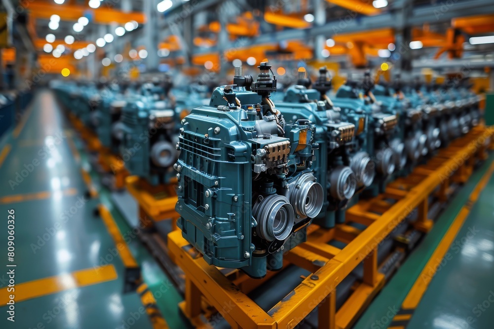 A meticulous and detailed shot of multiple engine units aligned on a production line in a modern manufacturing plant A meticulous and detailed shot of multiple engine units aligned on a production line in a modern manufacturing plant