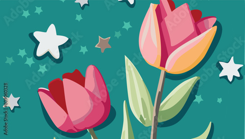 Pink tulips wallpaper with stars and green background photo