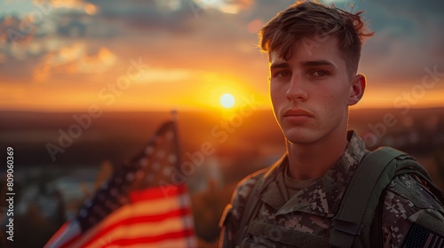 Determined American Soldier Standing Before Majestic Landscape