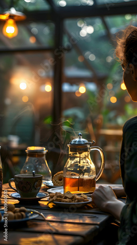 Tranquil Evening Scene: Realistic Photo of an Individual Enjoying an Evening Snack with Tea for Comfort and Relaxation in Peaceful Moment