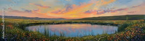 Spectacular Sunrise Reflection in Flower Filled Pastoral Pond Landscape