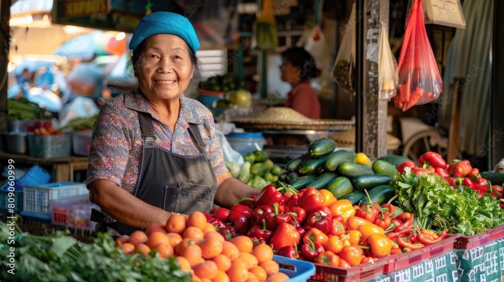 middle-aged owner sell fresh vegetables and fruits at an outdoor farmer's market middle-aged owner sell fresh vegetables and fruits at an outdoor farmer's market