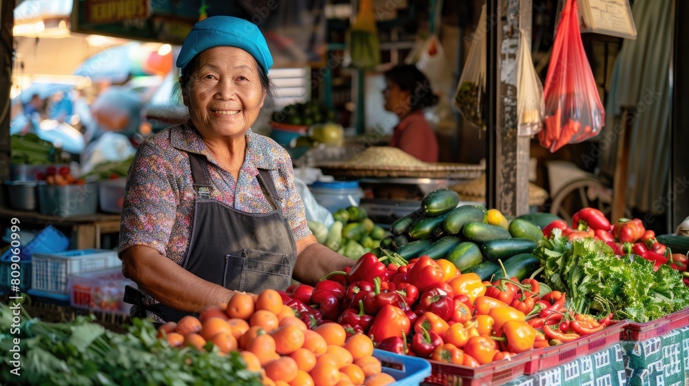 middle-aged owner sell fresh vegetables and fruits at an outdoor farmer's market