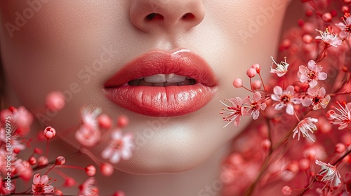 Beautiful lips Close-up. Makeup. Lip matte lipstick. Sexy lips. Part of face, young woman close up. perfect plump lips bodily lipstick. peach color of lipstick on large lips. Perfect makeup Copy space