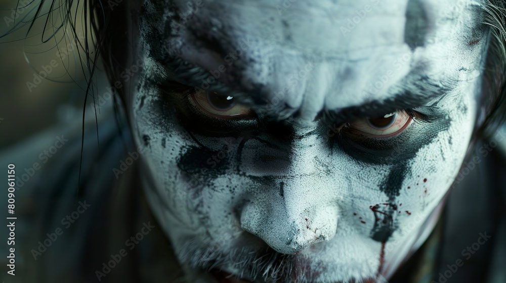 Close-up of a Japanese samurai's face with a ghostly and mysterious expression. Samurai cosplay with ethereal aura and deep eyes. Close-up of a Japanese samurai's face with a ghostly and mysterious expression. Samurai cosplay with ethereal aura and deep eyes.