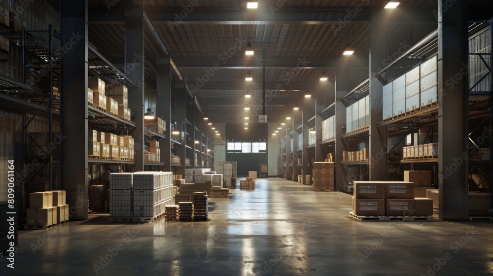 Vast, empty warehouse with high shelves stocked with boxes, illuminated by overhead lights and natural light from windows.