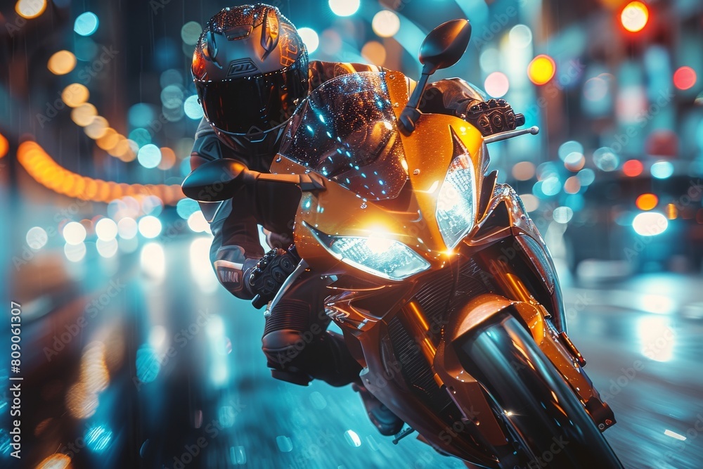 A dynamic image of a motorcyclist racing along a city street illuminated by vibrant neon lights and reflections on wet roads