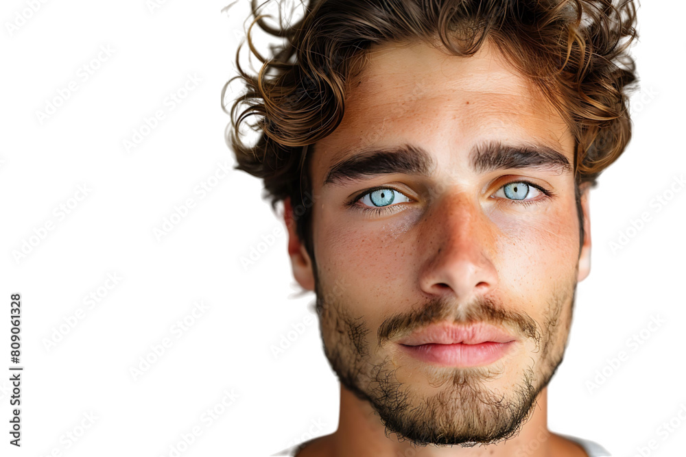 Portrait of handsome brunette man on isolated transparent background