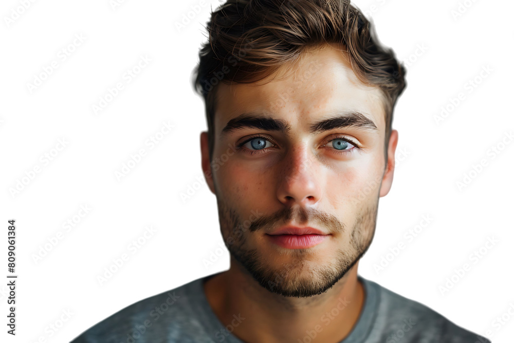 Portrait of handsome brunette man on isolated transparent background