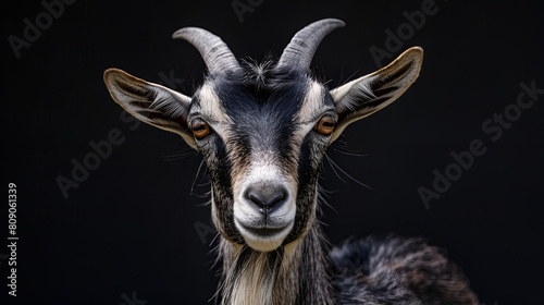 Portrait of a goat with long hair on a black background Portrait of black goat with horns on a black background.
