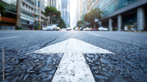 White arrow painted on the straight asphalt road around cityscape.