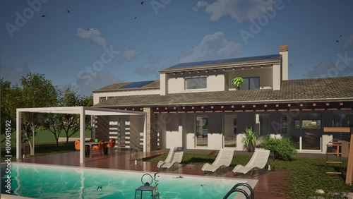 Modellazione 3D e video di edificio residenziale con piscina e bandiera Croatia al vento photo