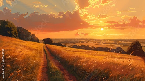 A beautiful sunset over a field of tall grass. The sky is filled with clouds and the sun is setting in the distance