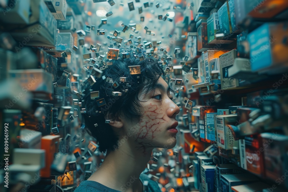 A mysterious person stands surrounded by an abundance of floating electronic devices and boxes in a tight space A mysterious person stands surrounded by an abundance of floating electronic devices and boxes in a tight space