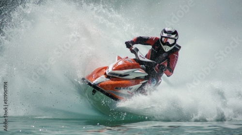 A man skillfully rides a jet ski on a powerful wave in the ocean. © Prostock-studio