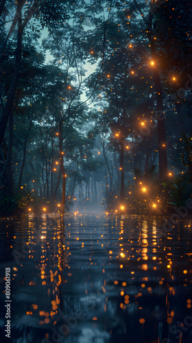 Magical Evening  Fireflies Illuminating Mangrove Swamps in Photo Realistic Style