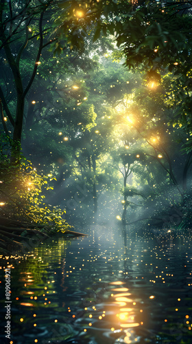 Enchanting Photo Realistic Image of Fireflies Illuminating Mangrove Swamps at Night, Creating a Magical Atmosphere