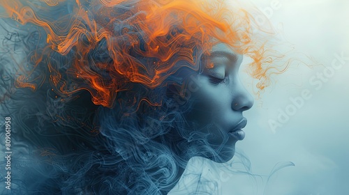 A woman with curly hair surrounded by a mesmerizing cloud of smoke. This captivating image can be used to create an atmosphere of mystery and intrigue