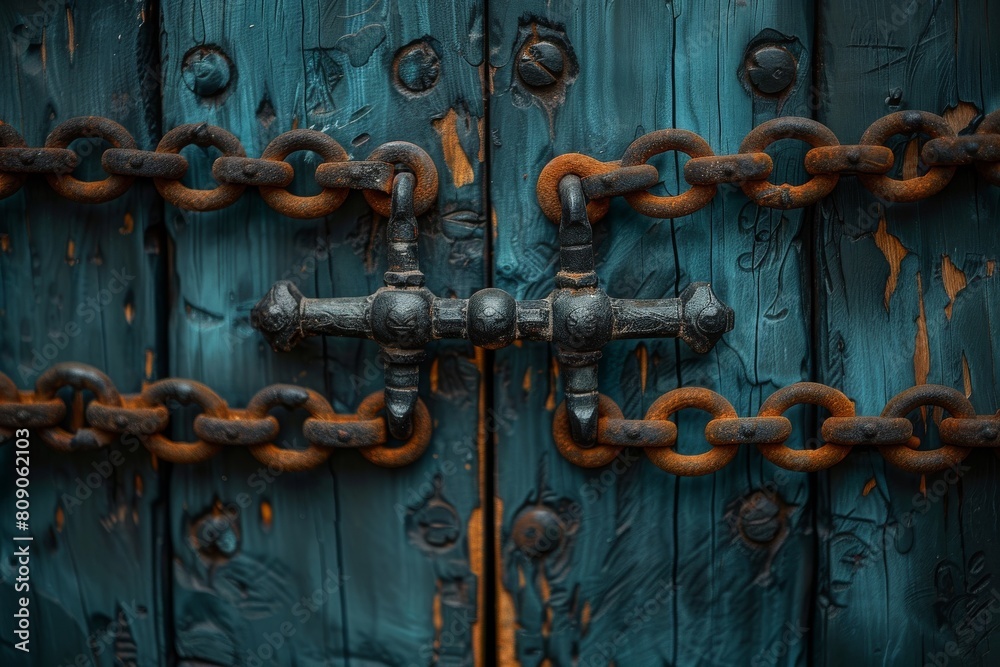 Close-up shot of oxidized chains and padlock on a distressed blue wooden door, symbolizing security and decay Close-up shot of oxidized chains and padlock on a distressed blue wooden door, symbolizing security and decay