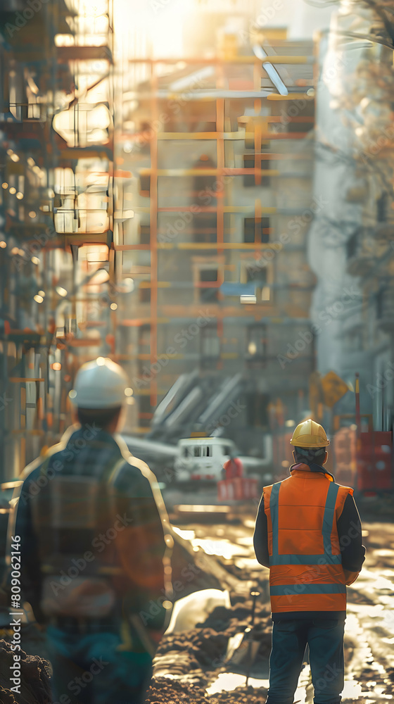 Photo realistic of Foreman Supervising Construction Workers at Site, Ensuring Safety Protocols and Productivity Standards are Maintained