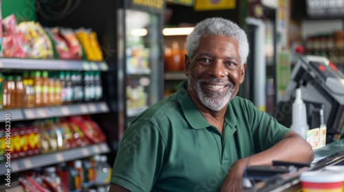 Smiling Cashier at Grocery Store photo