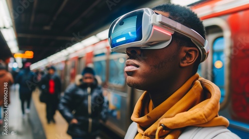 A commuter navigates a crowded subway station, their augmented reality glasses overlaying helpful directions and real-time transit updates 