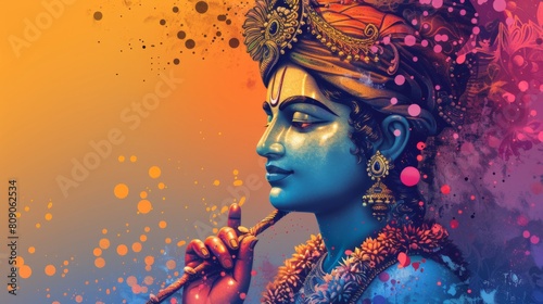 Illustration of Lord Krishna in a colorful and artistic style © Arisctur