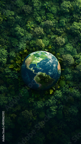 Environmental Conservation Concept: Realistic Globe Icon Framed by Forest Canopy Emphasizing Forest Preservation and Biodiversity - Stock Photo