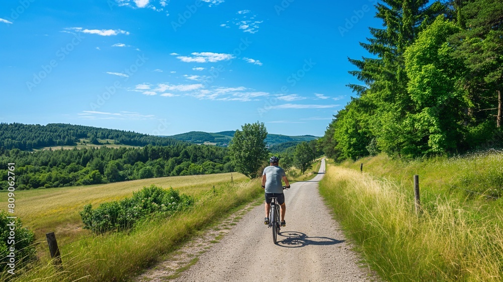 smiling man riding a bike in a wild road in the countryside leading to rolling hills and forested areas on both sides under a clear blue sky. generative AI