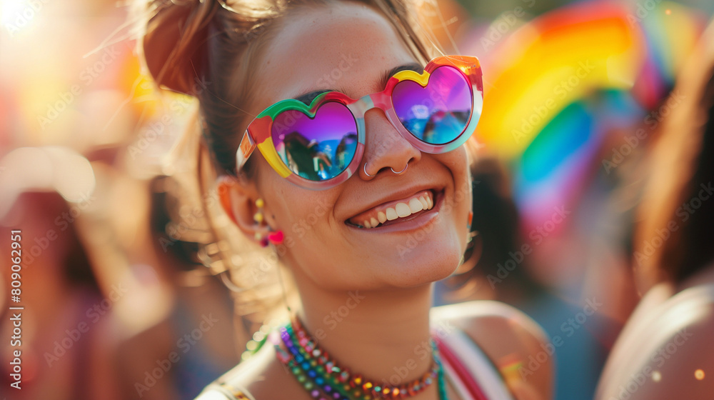 Joyful woman wearing heart-shaped sunglasses at a summer festival, representing celebration, diversity, and Pride Month festivities Joyful woman wearing heart-shaped sunglasses at a summer festival, representing celebration, diversity, and Pride Month festivities