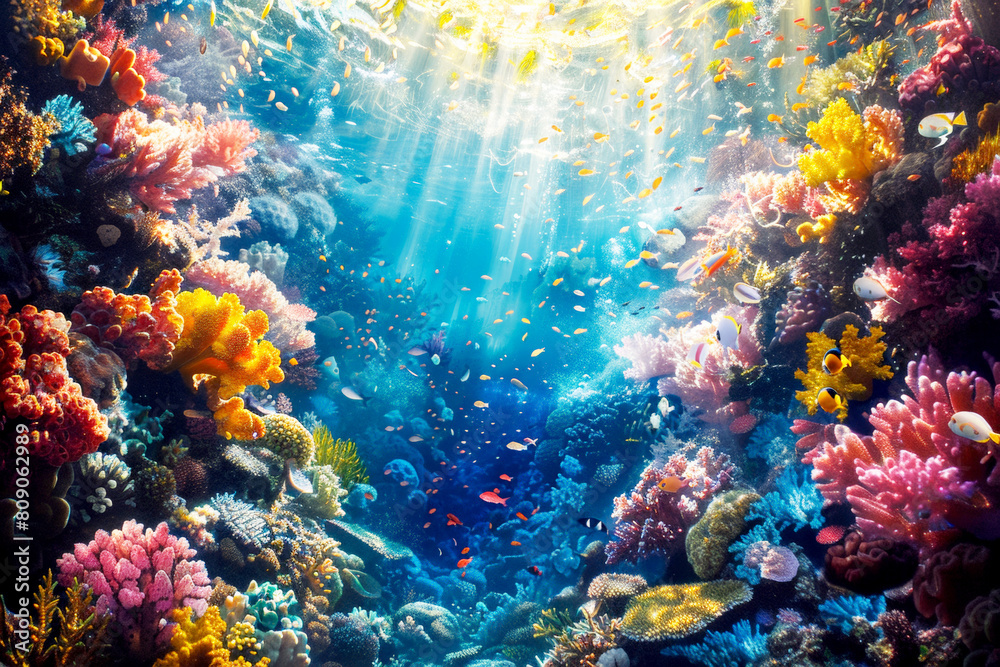 Fototapeta premium Sunlit Symphony: A Coral Reefs Dance
