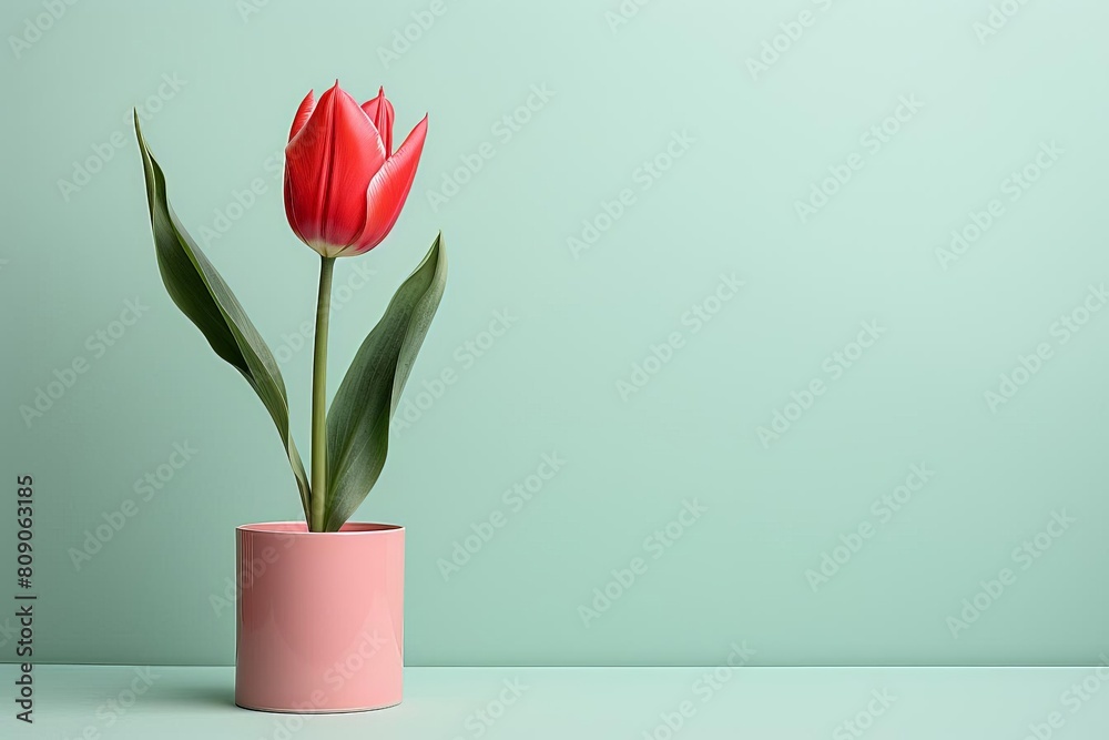 Fototapeta premium Profile of a red tulip against a pastel mint background, showcasing the flowers vibrant color and sleek lines