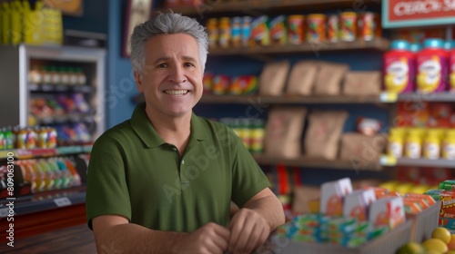 Smiling Shopkeeper in Grocery Store