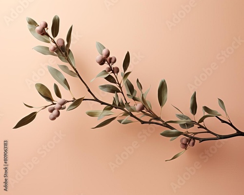 Olive branch artfully arranged with a slight curve, against a pastel peach background, focusing on subtlety and texture