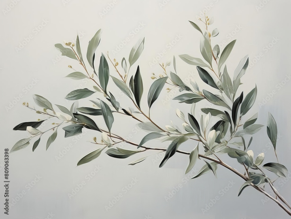 Sleek olive branch elegantly positioned on a pastel grey canvas, emphasizing its delicate form and timeless grace
