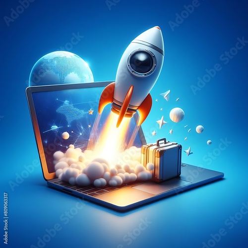 A stylized rocket launching from a laptop screen, symbolizing innovation and progres photo