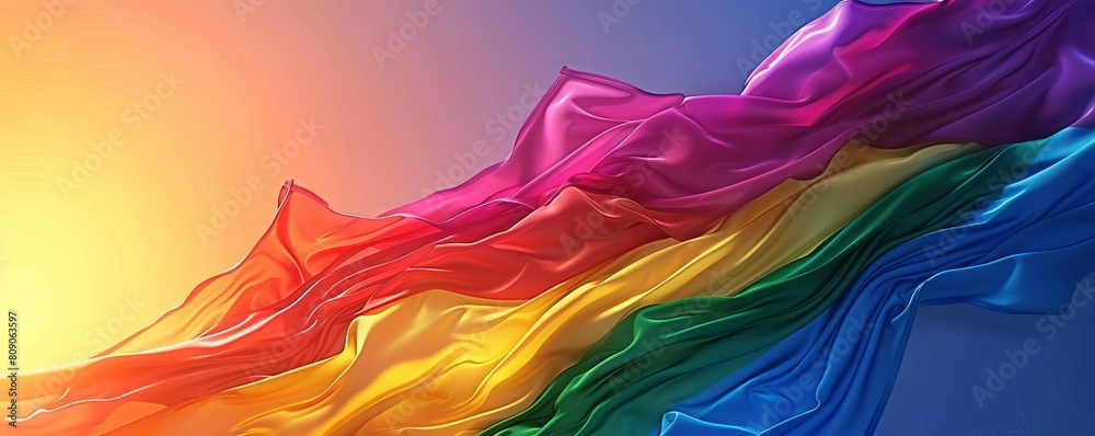 Create a colorful and dynamic image of a rainbow flag waving in the wind. The flag should be the focus of the image, with a gradient background in the colors of the rainbow.