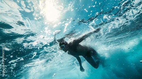 A man is swimming in the ocean underwater, surrounded by the blue sea and marine life.