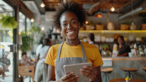 Smiling Cafe Worker with Tablet