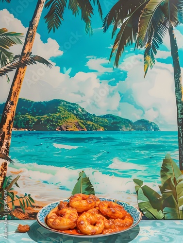Vintage Travel Poster Style Animation A Split Acaraj Fritter Overflowing with Traditional Bahian Vatap Shrimp Stew photo