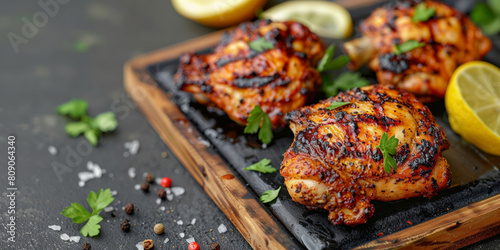 Grilled chicken thighs garnished with parsley on a rustic wooden board, ideal for summer barbecues and outdoor dining concepts
