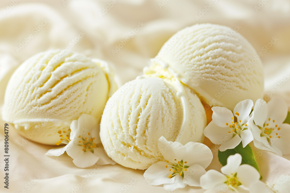 Vanilla ice cream scoops garnished with white blossoms on a creamy textile backdrop, evoking concepts of summer refreshment and dessert menus Vanilla ice cream scoops garnished with white blossoms on a creamy textile backdrop, evoking concepts of summer refreshment and dessert menus