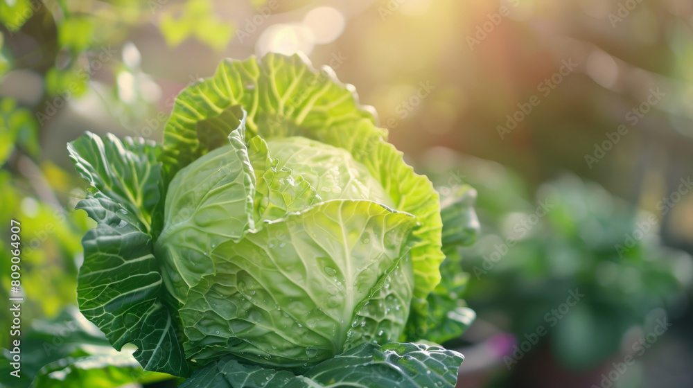 Fresh green cabbage with dew drops in a sunlit garden, symbolizing healthy eating and sustainable agriculture, ideal for Earth Day and World Food Day promotions Fresh green cabbage with dew drops in a sunlit garden, symbolizing healthy eating and sustainable agriculture, ideal for Earth Day and World Food Day promotions
