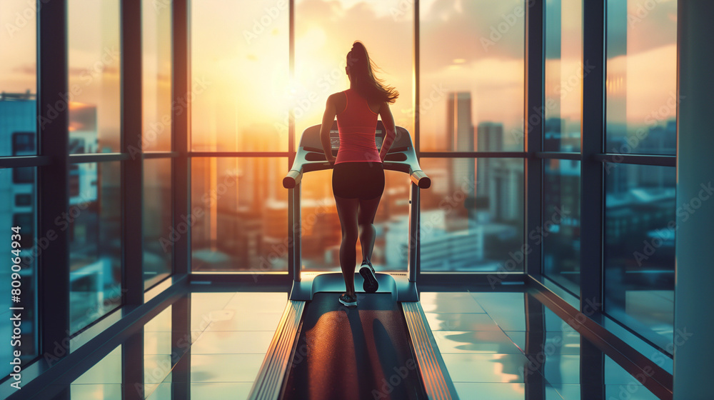 Silhouetted woman running on a treadmill in a gym with a panoramic city view at sunrise, concept of fitness, healthy lifestyle, and New Year resolutions