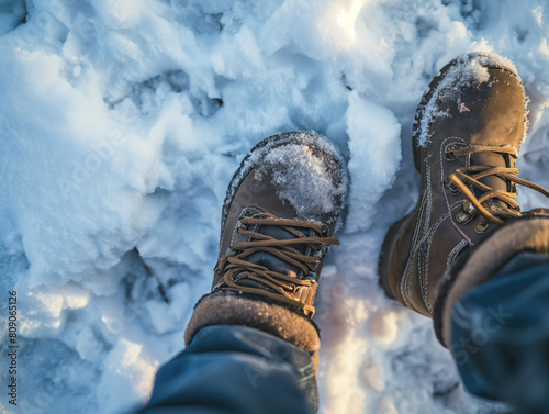 Young boy, outdoors on snowy ground, wearing boots and shoes. Close-up top view photo depicts his winter lifestyle.