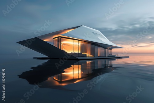 futuristic smart house on glossy reflective water surface © viktorbond